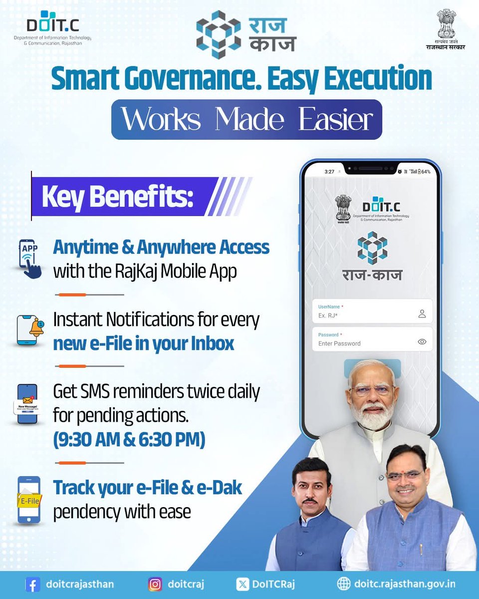 RajKaj_DoITC's tweet image. With RajKaj, managing government work has never been easier!
Access your files anytime &amp;amp; anywhere with the mobile app
Get instant notifications for new e-Files
Stay on track with SMS reminders twice a day

Streamline your work. Meet every deadline. Go smarter with RajKaj.
#DOITC