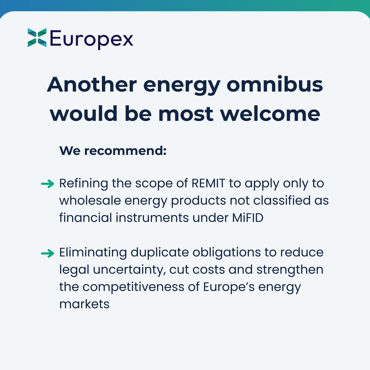 Europex_energy's tweet photo. 📢 We welcome MEP @christian_ehler's request for input with the objective to propose another #energy #omnibus reducing red tape, improving efficiency and lowering regulatory burdens and costs.

⚠️ Current overlaps between EU financial regulation (MiFID, EMIR, MAR) and energy policy (REMIT) create duplication, uncertainty and higher compliance costs for market participants.

🔎 Our response highlights three core issues:

1. Overlap in regulatory reporting requirements
2. Overlap in supervisory arrangements
3. Negative consequences for Europe’s competitiveness

We recommend:

✅ Refining the scope of REMIT to apply only to wholesale energy products not classified as financial instruments under MiFID.
✅ Eliminating duplicate obligations to reduce legal uncertainty, cut costs and strengthen the competitiveness of Europe’s energy markets.

Read our full paper 🔗https://t.co/l7dYE6TXKB