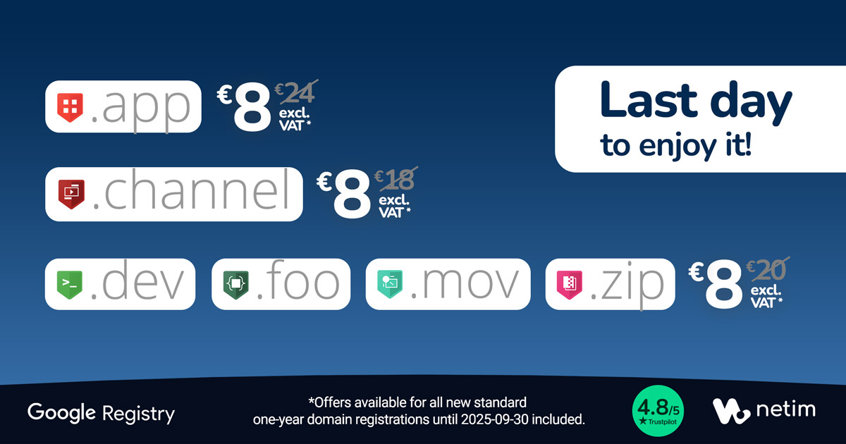 ⌛ Last day on sale!

Until tonight, register your #DomainName for only €8 excl. VAT among these 6 #GoogleRegistry TLDs!

📧 1 email address included

👇 Check availability
netim.com/en/domain-name…