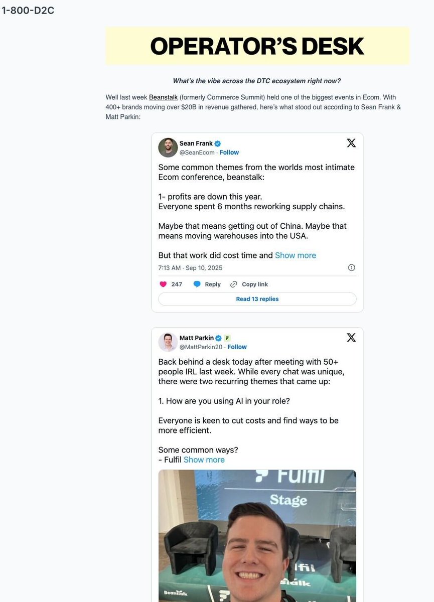 Everyone jokes they can't scroll through socials without seeing a "Matt selfie"... now I'm in your inbox too 😅

In great company with the wallet king &amp; <a href="/9operators/">Operators</a> co-host <a href="/SeanEcom/">Sean Frank</a>, debriefing <a href="/beanstalkHQ/">Beanstalk</a>.

Thanks to the <a href="/1800D2C/">1-800-D2C</a> newsletter for the feature.