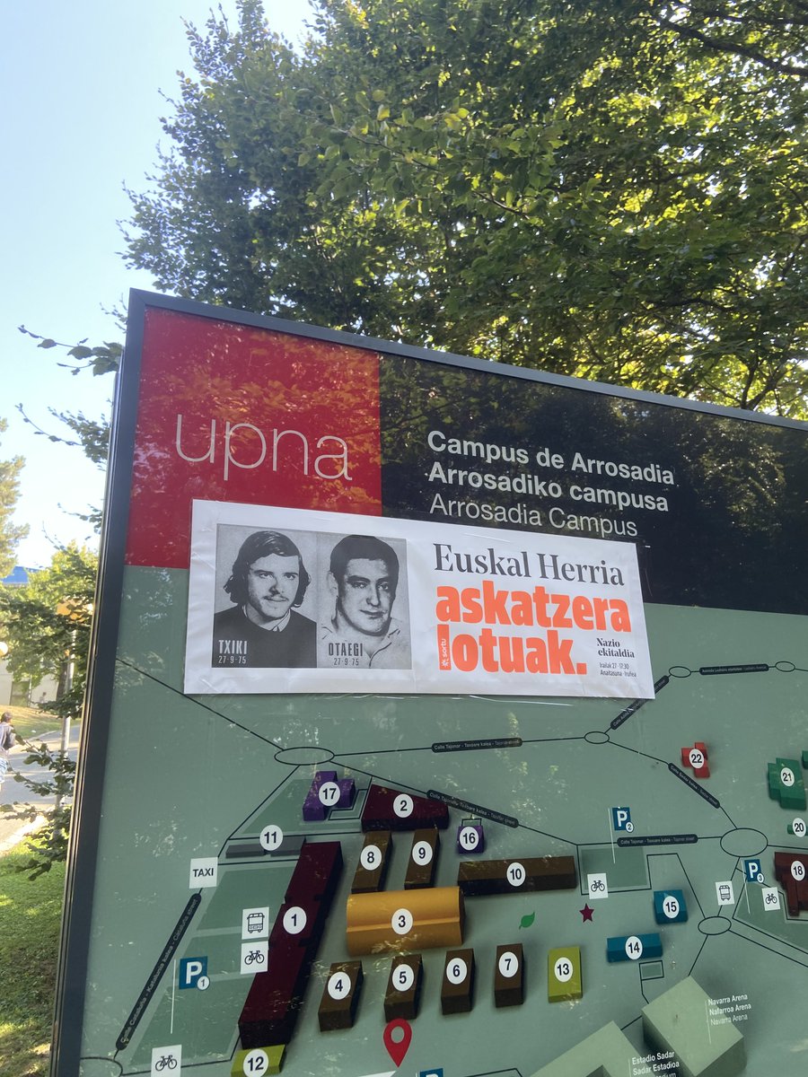 Visto en la Universidad Pública de Navarra (<a href="/UNavarra/">UPNA - Universidad</a>)⬇️

Un cartel reivindicando a los etarras 'Txiki' y Otaegi como héroes. A este tipo de mensajes expone la izquierda abertzale a los jóvenes, machaconamente además.

NO fueron luchadores por la libertad, ni héroes, ni mártires,
