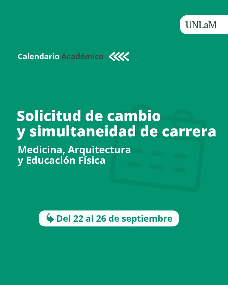 🚨 CALENDARIO ACADÉMICO 🚨

▶️ A partir del 22/09 podrás realizar la solicitud de cambio y simultaneidad de carrera a través de Intraconsulta.

✅ Solo para Medicina, Arquitectura y Educación Física.

#UNLaM #Trámites #CambiodeCarrera #Simultaneidad
