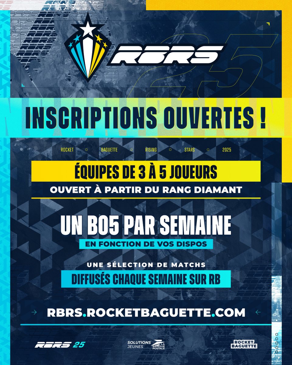 Rocket Baguette (@rocketbaguette) on Twitter photo 🌟 INSCRIPTIONS OUVERTES pour les #RBRS 2025 !
Avec <a href="/LaBanquePostale/">La Banque Postale</a>, participe au plus grand tournoi communautaire Rocket League 🌍
💎 Divisions dès Diamant 1
📅 Compétition sur plusieurs semaines, 1 match/sem.
📺 Matchs diffusés sur RB
Inscris ton équipe dès maintenant ! 👇 🌟 INSCRIPTIONS OUVERTES pour les #RBRS 2025 !
Avec <a href="/LaBanquePostale/">La Banque Postale</a>, participe au plus grand tournoi communautaire Rocket League 🌍
💎 Divisions dès Diamant 1
📅 Compétition sur plusieurs semaines, 1 match/sem.
📺 Matchs diffusés sur RB
Inscris ton équipe dès maintenant ! 👇