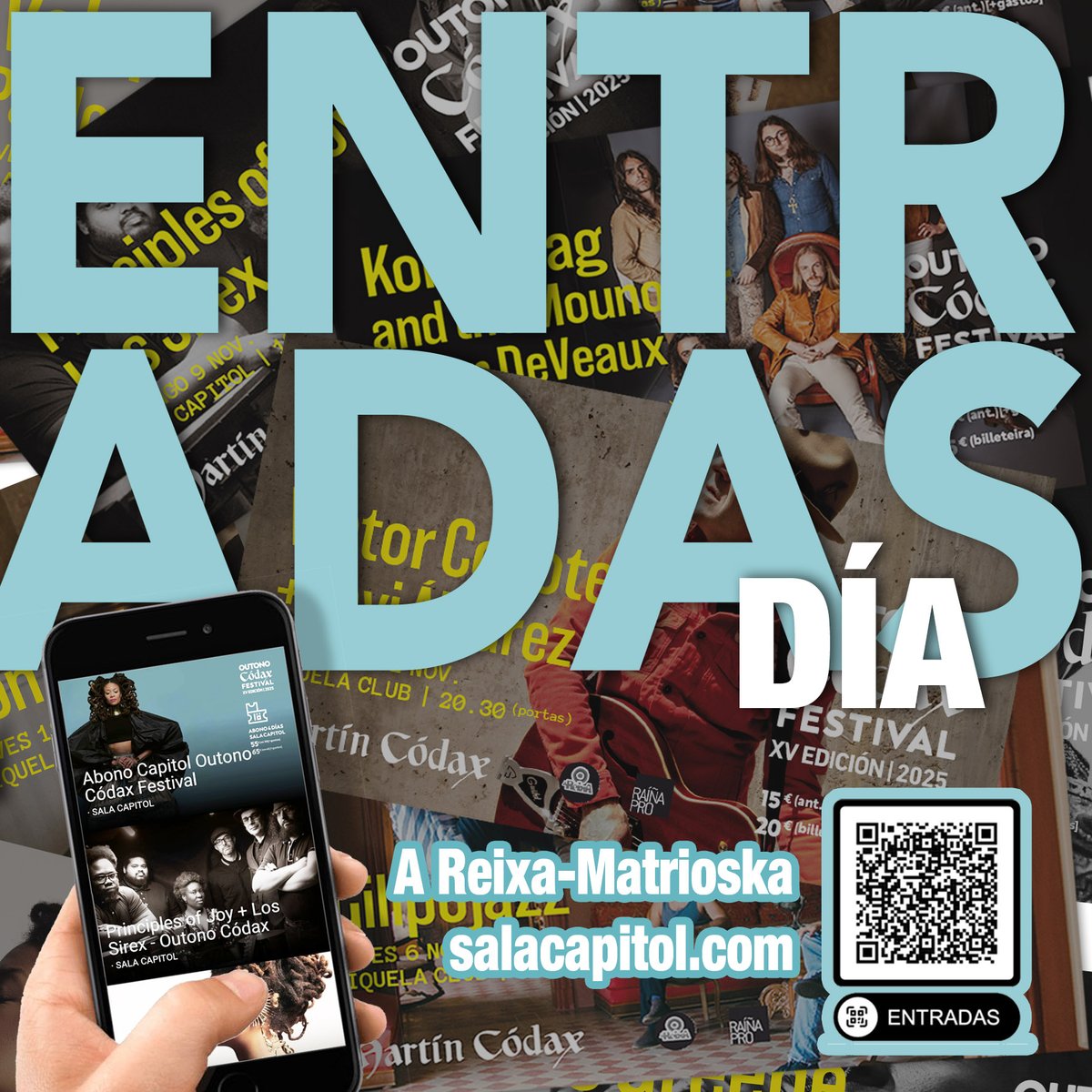 Ademais do abono, tamén podes mercar de xeito anticipado entradas por día para os concertos tanto da @salacapitol como do @riquelaclub .
Venda física: @areixa.tenda @ma_tri_os_ka
Venda online: salacapitol.com
Non o descoides que xa sabes que os aforos son limitados!!