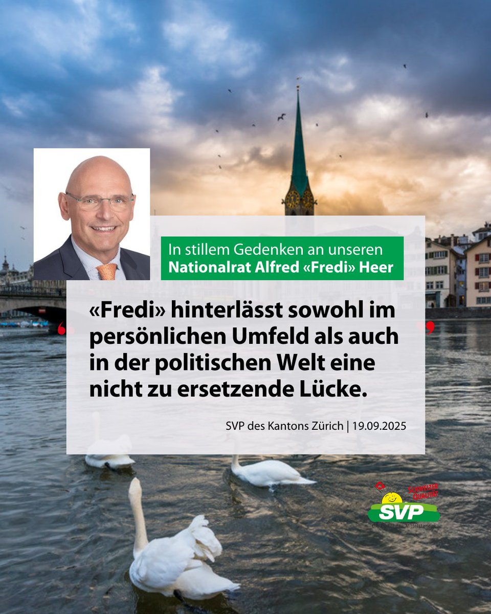 Alfred «Fredi» Heer – SVP-Nationalrat – ist in der Nacht auf Freitag verstorben. Fredi hinterlässt sowohl im persönlichen Umfeld als auch in der politischen Welt eine nicht zu ersetzende Lücke. Die SVP Kanton Zürich ist tief betroffen und wünscht den Angehörigen und nahestehenden