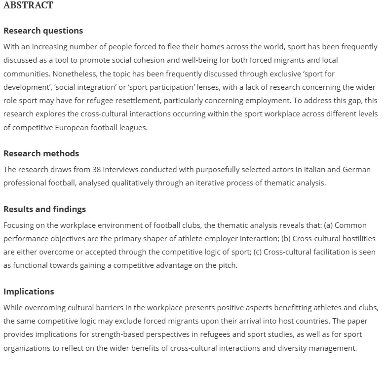 SPU_MMU's tweet image. Drs @NorritoAlessio &amp;amp; Enrico Michelini have published an article titled &quot;Understanding cross-cultural interactions and diversity in professional sports organizations: the case of football and forced migration in Germany and Italy&quot; in @EuroSportManQ. 
Link: tandfonline.com/doi/full/10.10…