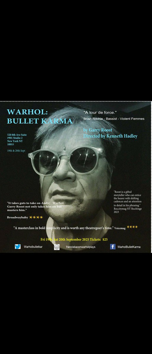#Warhol Bullet Karma 
520 8th Ave Suite 901 Studio 2 TONIGHT 7pm 19th 20th Sept
"Roost masters him" 
#nyc #andywarhol #unionsquare #manhattan #lincolnsquare #theartstudentsleaguenewyork #timessquare #burrowgroup #brooklyn #newyorkart #offbroadway  #59e59  #theatre #fringe