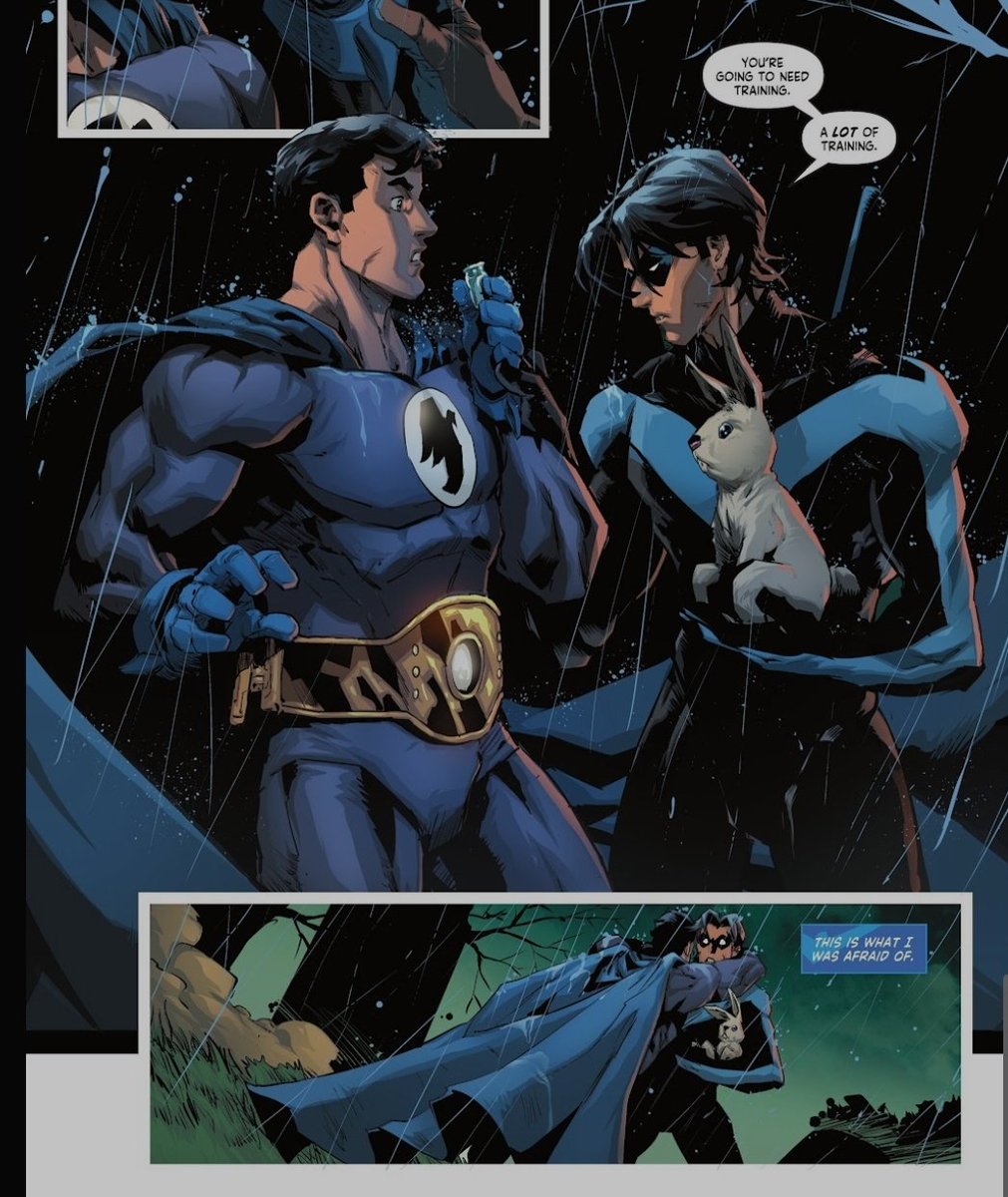 I find it really interesting the way Bryce refuses to touch Night-Hare, afraid to hurt him, but doesn't hesitate to hug Nightwing. His view on Nightwing being implied, that's his hero, unbreakable