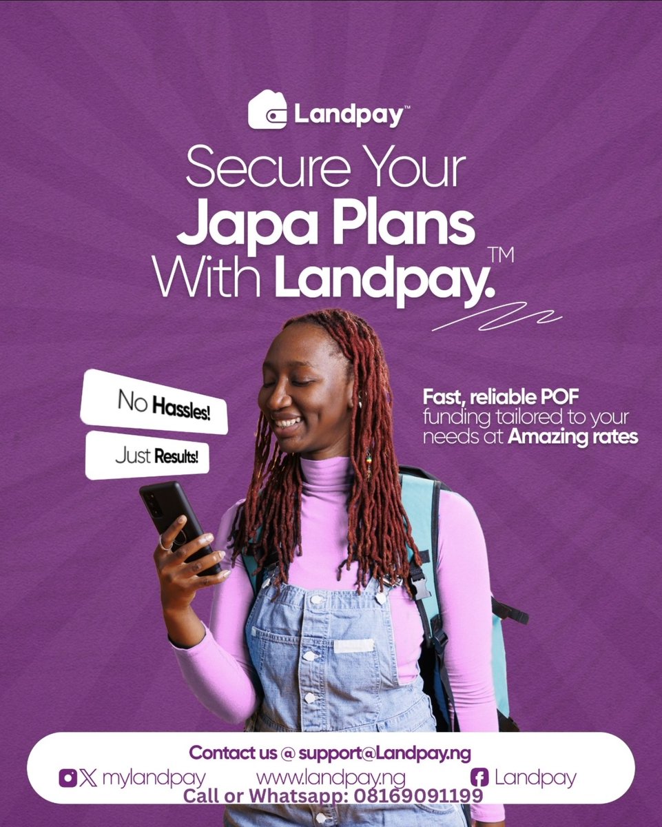 MyLandPay's tweet photo. Your #Japa plan requires trust. We get it.

Our POF service is:
✅Secure &amp; Confidential
✅Bank-Verifiable
✅Accepted by embassies (UK, CA, AU, etc.)
✅Fast &amp; Transparent

Don't risk your future with unreliable options. Go with a trusted partner.

Message us to get started today. https://t.co/RR66PGznOZ