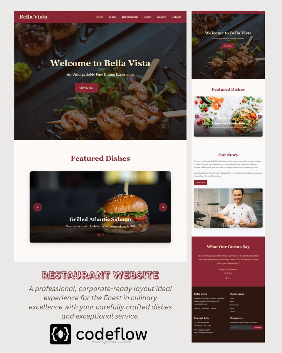 Team_CodeFlow's tweet image. 🍽️At CodeFlow, we design elegant, mobile-ready restaurant websites with menus, reservations &amp;amp; more — built to impress &amp;amp; convert. ✨

🌐 codeflow.shop

#RestaurantWebsite #WebDesign #CodeFlow  #HospitalityWebsite #FineDining #RestaurantMarketing #UIUX #BusinessGrowth