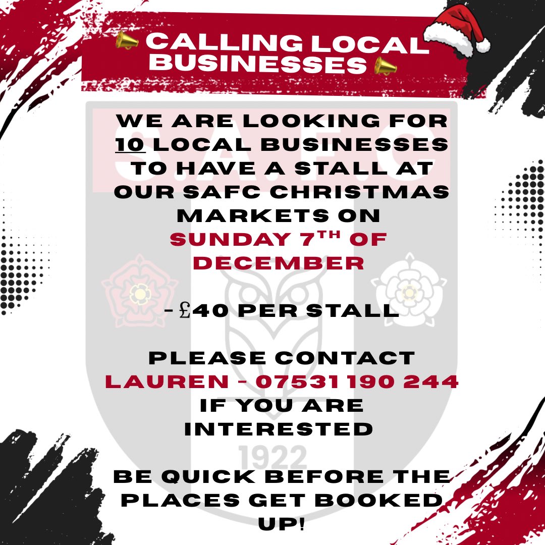 SpringheadAFC's tweet image. 📣 CALLING ALL LOCAL BUSINESSES 📣 

Get involved with SAFC Christmas Markets 2025 🎄🎅🏼

Please share ‼️