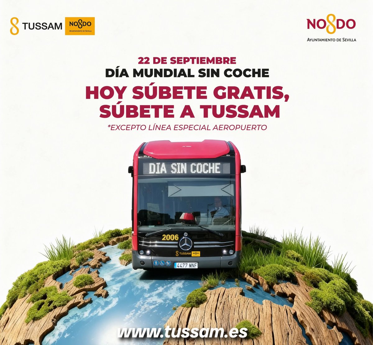 TUSSAM ofrecerá transporte gratuito este lunes 22 de septiembre, con motivo del #DiaMundialsinCoches 

🚍 Todas sus líneas de autobuses urbanos y tranvía, excepto la línea del aeropuerto.

🕛Desde las 00:00 horas del 22 de septiembre hasta las 00:00 horas del 23 de septiembre.