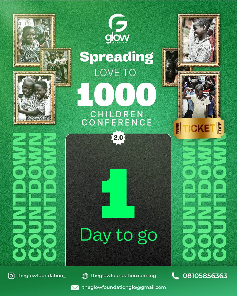 TheGlowFound_'s tweet photo. Just 1 Day to Go! 💚

The wait is almost over! 

Tomorrow, we gather to spread love, joy, and hope at the 1000 Children Conference 2.0. 

Get ready for an awesome experience, and remember, entry is FREE! 

Have you sponsored a seat? 

#lagoschildren #love #childreninlagos https://t.co/65K02xG5Nm