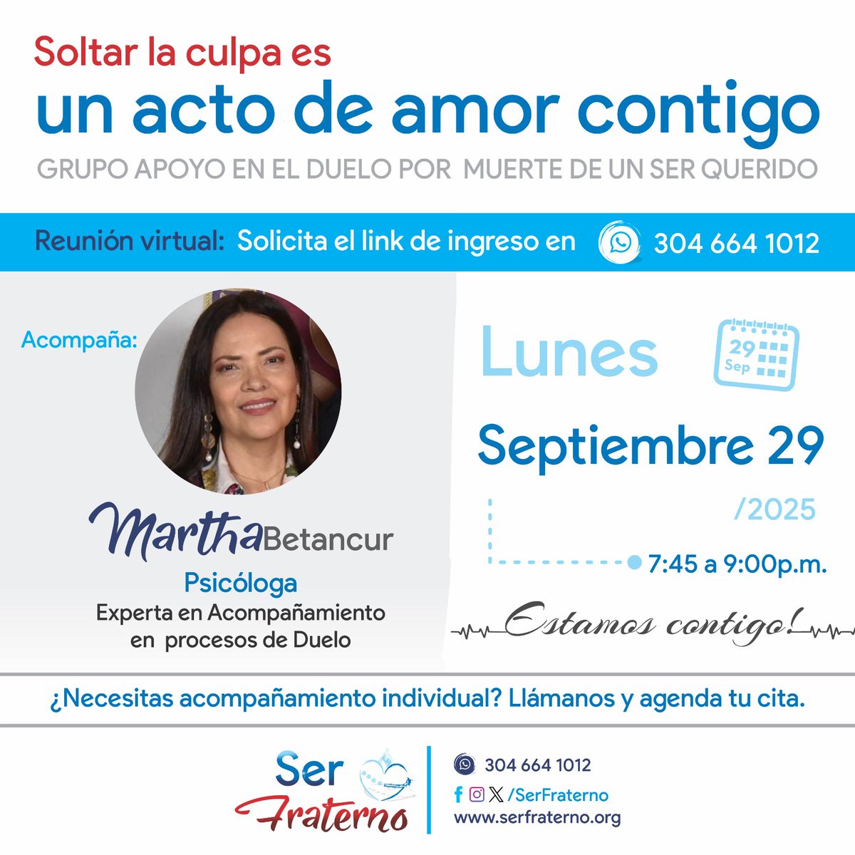 SerFraterno's tweet photo. El grupo de apoyo en el duelo por muerte de un ser querido "Del dolor a la esperanza" te acompaña del dolor a la Esperanza con el tema: "SOLTAR LA CULPA ES UN ACTO DE AMOR CONTIGO".

link de reunión 👇

Ser Fraterno WhatsApp: https://t.co/XOpJN9f0xe

#SerFraterno #muerte #duelo https://t.co/UWnIRNfRMn