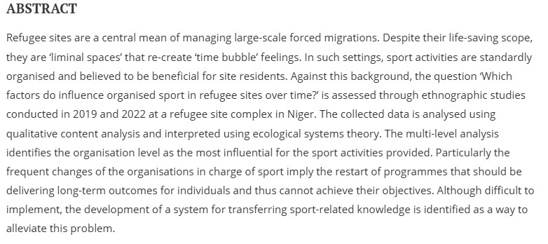 SPU_MMU's tweet image. Drs Enrico Michelini and @NorritoAlessio have written a paper titled, &quot;Organised sport in Niamey’s refugee sites: A multilevel analysis of changes between 2019 and 2022,&quot; recently published in the @IntJSPP .

Link to full paper: lnkd.in/e_JfM24r