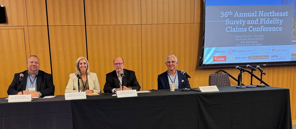 SLKLAW's tweet image. Shumaker was proud to sponsor the 36th Annual Northeast Surety and Fidelity Claims Conference.

Shumaker Partners Duane Daiker, Michele Leo Hintson, Peter Silverman, and Bob Warchola shared their insights during a session on Early Resolution.

#shumaker #surety #claims