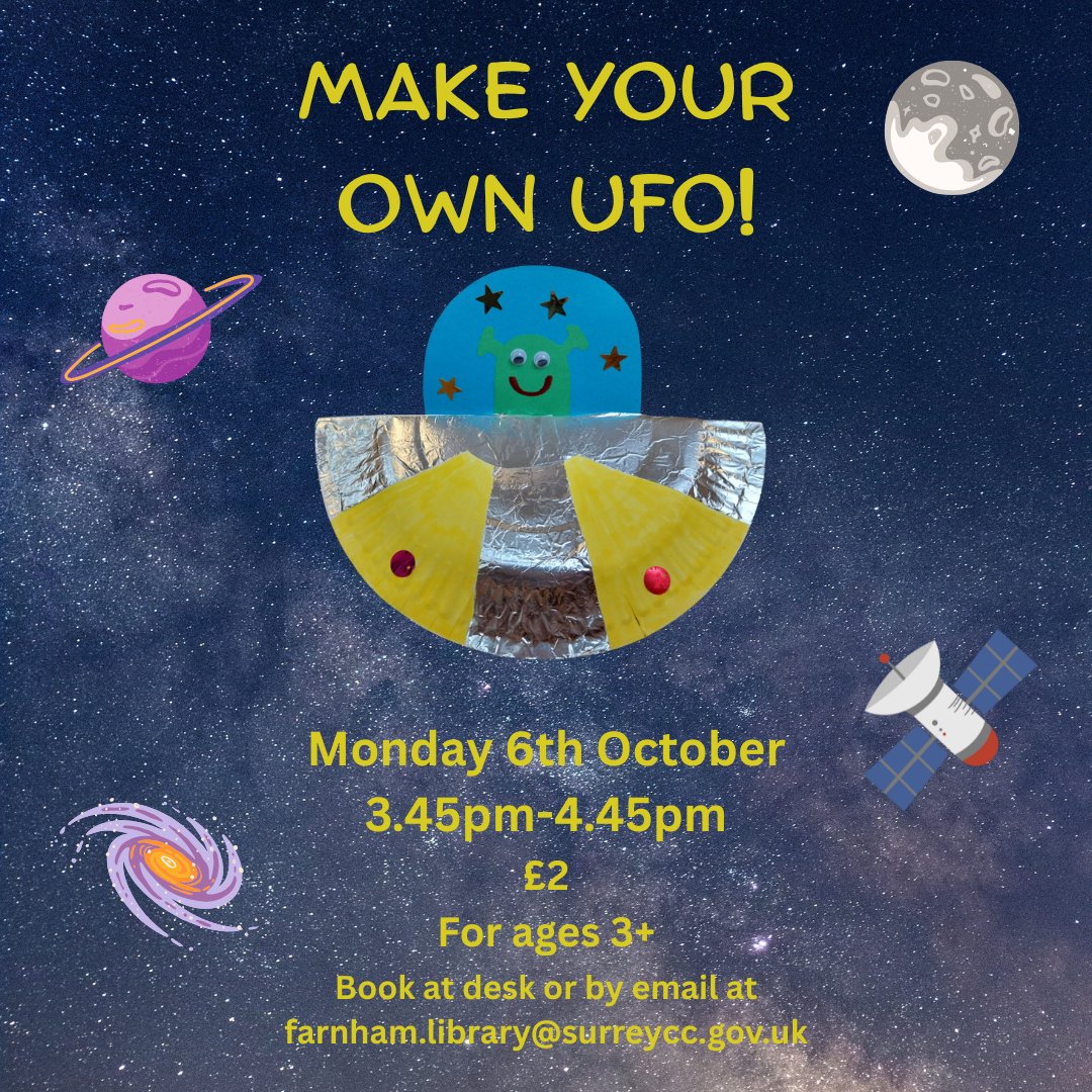 FarnhamLibrary's tweet image. Join us at #FarnhamLibrary on the 6th October at 3.45pm to make a friendly UFO for #WorldSpaceWeek 👽🛸

Ages 3+ , £2 per child. Sign up at the library or email farnham.library@surreycc.gov.uk

@SurreyLibraries @FarnhamCraft @FarnhamOfficial

#FarnhamCraftMonth #FarnhamCraftTown