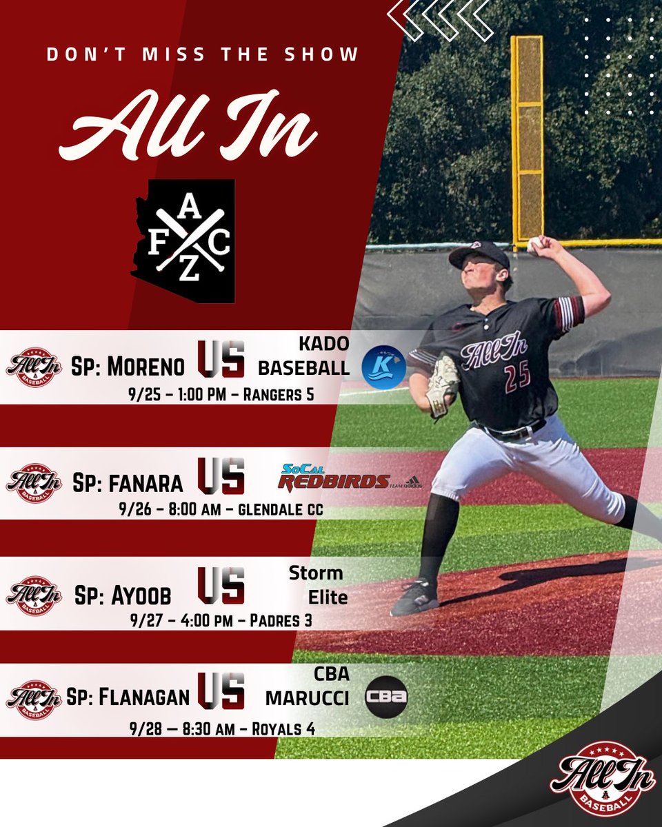 .<a href="/AZFallClassic/">AZ Fall Classic</a> The boys will be headed down to AZ next week after earning a spot over the summer! Strong group of uncommitted players! 
<a href="/TonySchifano/">Tony Schifano</a> 
<a href="/Chapman_bsb/">Chapman Baseball</a> 
<a href="/JBirdBross/">Jay Brossman</a> 
<a href="/RDiToma19/">Rob DiToma</a> 
<a href="/CHern28/">Chris Hernandez</a> 
<a href="/CLUBaseball/">Cal Lutheran Baseball</a> 
<a href="/bayoob25/">Blake Ayoob</a> 
<a href="/Riley_Jackson27/">Riley Jackson</a> 
<a href="/DrewGall2026/">Drew Gall</a>
<a href="/mjnishi2026/">mjnishi2026</a>