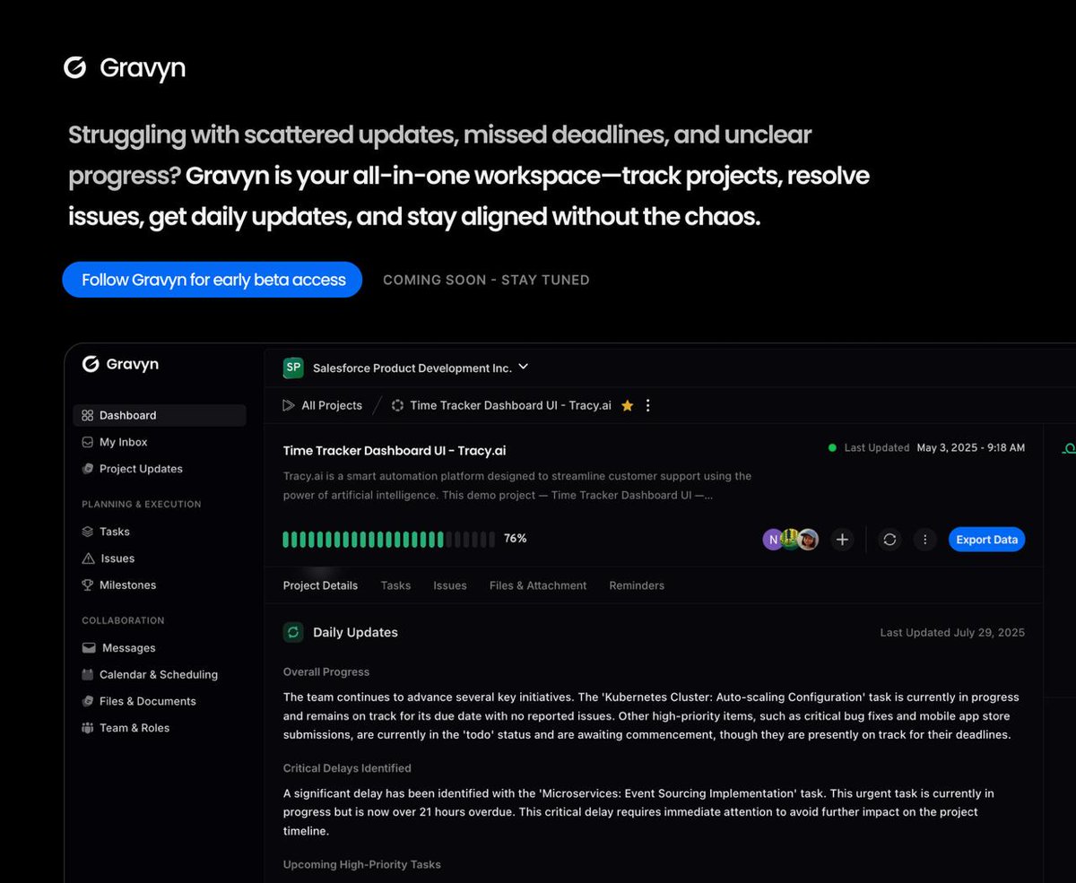 Gravynapp's tweet photo. Scattered updates, missed deadlines, unclear progress? Gravyn fixes that. One place for tracking, approvals, and daily AI updates—no more chasing emails or juggling tools. Follow for early beta. 
What’s your biggest PM challenge? #ProjectManagement #TeamCollaboration #Innovation https://t.co/cIcAovL53z