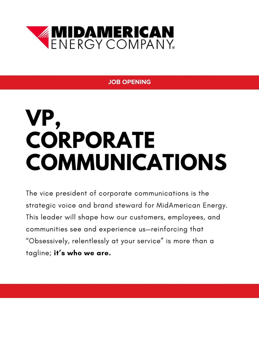 MidAmerican Energy is hiring for a new VP of Corporate Communications. Learn more about the role here:

…sf-saasfaprod1.fa.ocs.oraclecloud.com/hcmUI/Candidat…