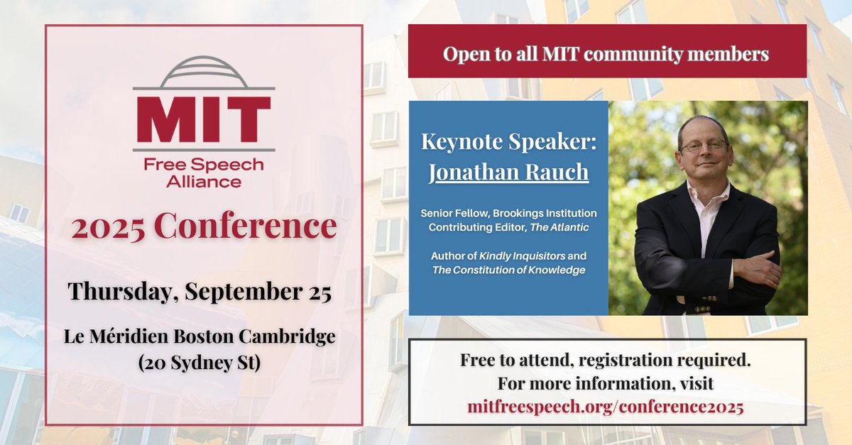 Alumni Free Speech Alliance (@afsaalumni) on Twitter photo 🚨 Just days away! 🚨
The <a href="/mitfreespeech/">MIT Free Speech Alliance</a> Alliance 2025 Annual Conference is happening Thursday, September 25 at Le Méridien Boston Cambridge.
Join MIT students, faculty, alumni, and administrators for a day of constructive discussions on issues vital to MIT and higher 🚨 Just days away! 🚨
The <a href="/mitfreespeech/">MIT Free Speech Alliance</a> Alliance 2025 Annual Conference is happening Thursday, September 25 at Le Méridien Boston Cambridge.
Join MIT students, faculty, alumni, and administrators for a day of constructive discussions on issues vital to MIT and higher