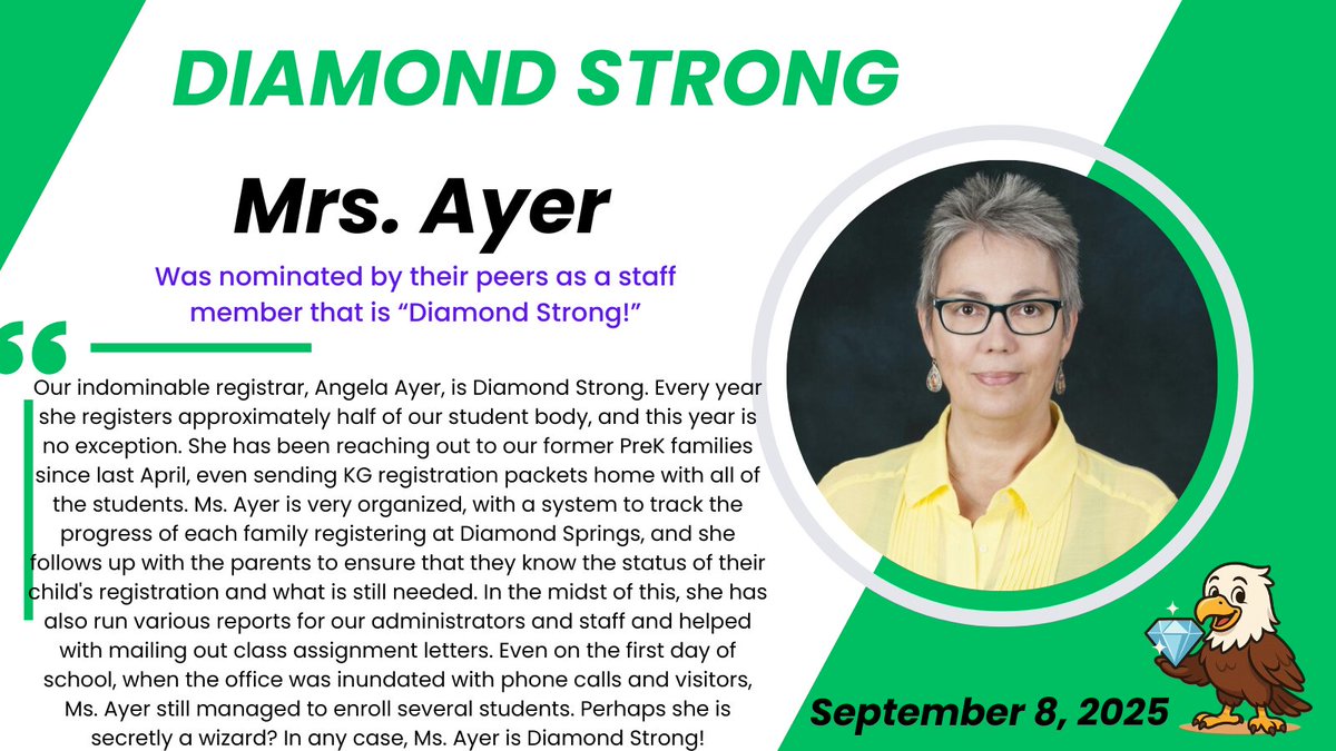 dspringses's tweet image. Our Diamond Strong nominee this week is our fabulous Registrar, Angela Ayer! #vbschools #WeAreVBSchools @vbschools @B4wdfocused @denise_ficco