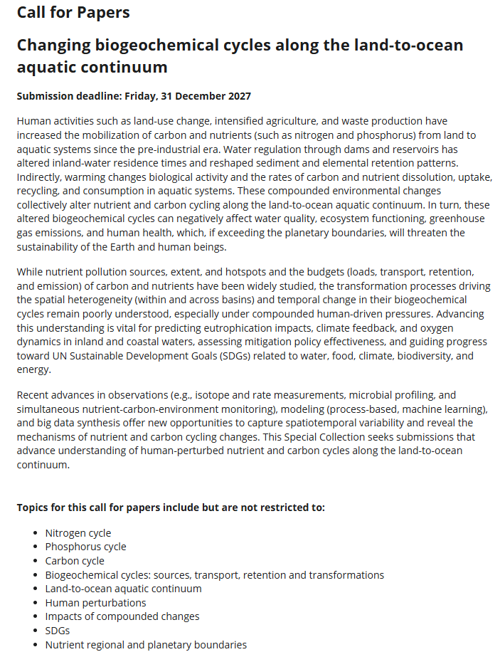 🌍Do you work on nutrient &amp; carbon cycles in rivers, lakes, reservoirs, estuaries or coastal waters? Submit to our new AGU Special Collection: Changing biogeochemical cycles along the land-to-ocean continuum. Deadline: Dec 31, 2027. #Biogeochemistry #AGU