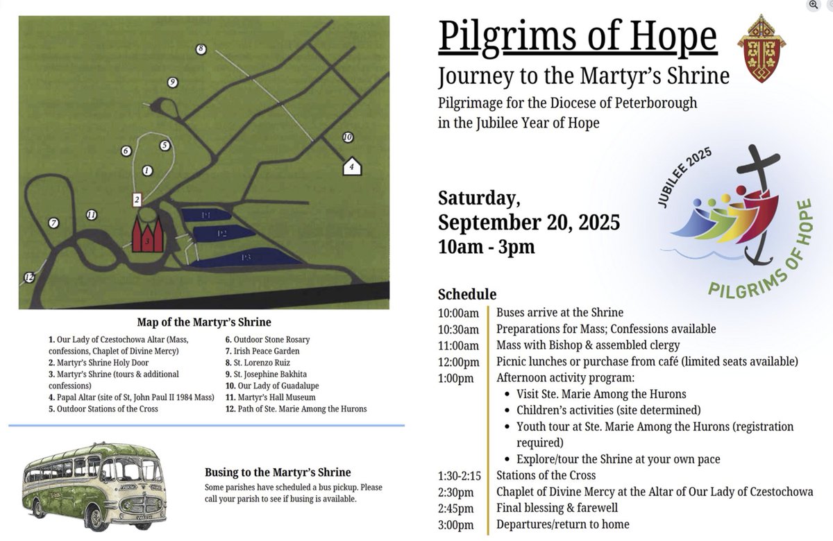 Tomorrow our diocesan pilgrimage to the Martyr's Shrine in Midland is happening, with busses arriving at 10:00 a.m. A schedule is below and on our website. There are still seats available on some busses; contact your parish to find out more. (You can also drive there yourself.)