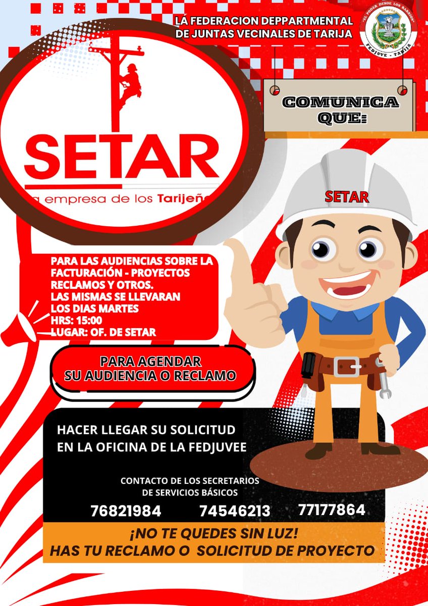 PlusTLT's tweet image. Fedjuve dispone ayuda para ejercer reclamos y audiencias en empresas de servicios básicos por mala facturación, proyectos y otros.
#Setar #Cosaalt #Emtagas #ServiciosBasicos #Facturacion #Reclamos #Tarija #Bolivia