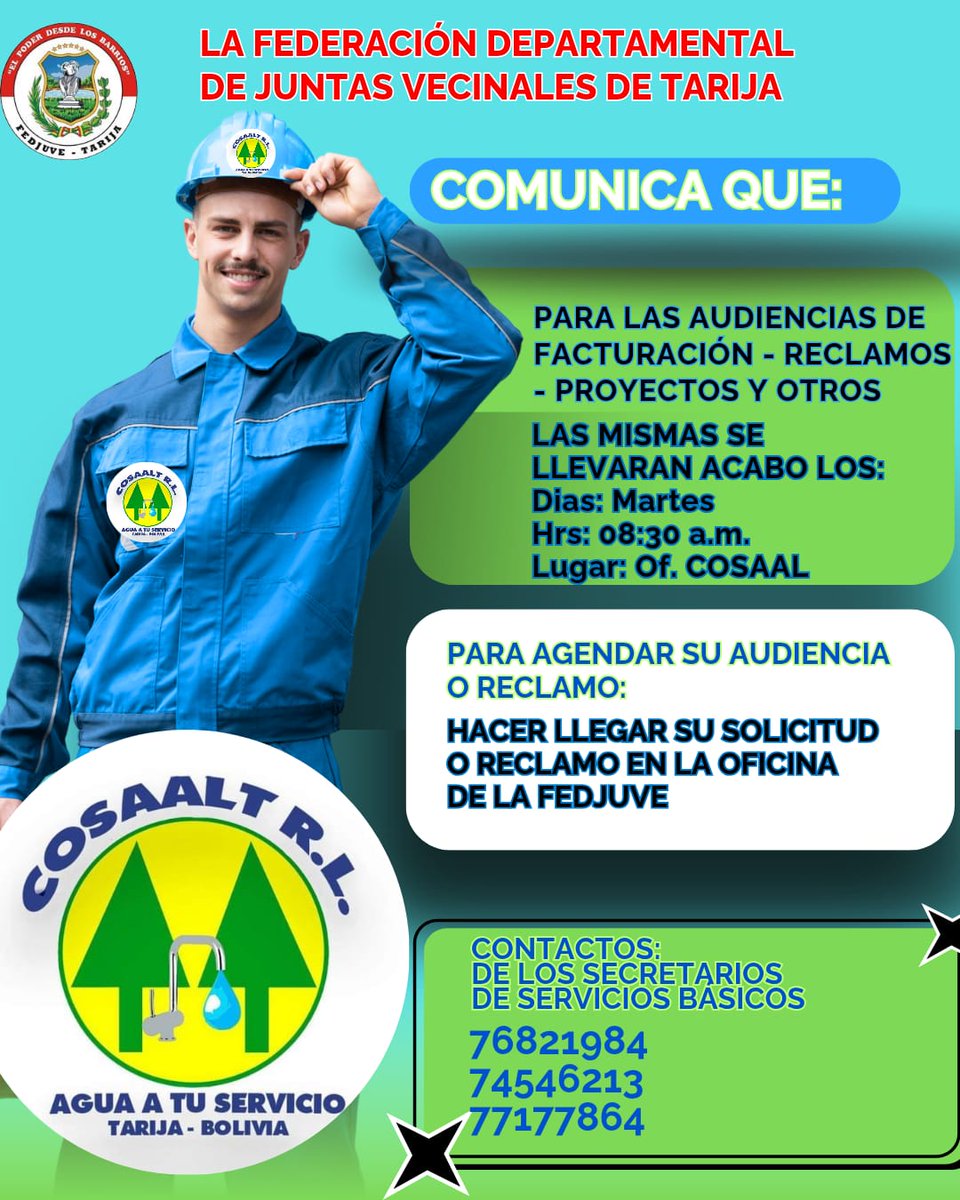 PlusTLT's tweet image. Fedjuve dispone ayuda para ejercer reclamos y audiencias en empresas de servicios básicos por mala facturación, proyectos y otros.
#Setar #Cosaalt #Emtagas #ServiciosBasicos #Facturacion #Reclamos #Tarija #Bolivia