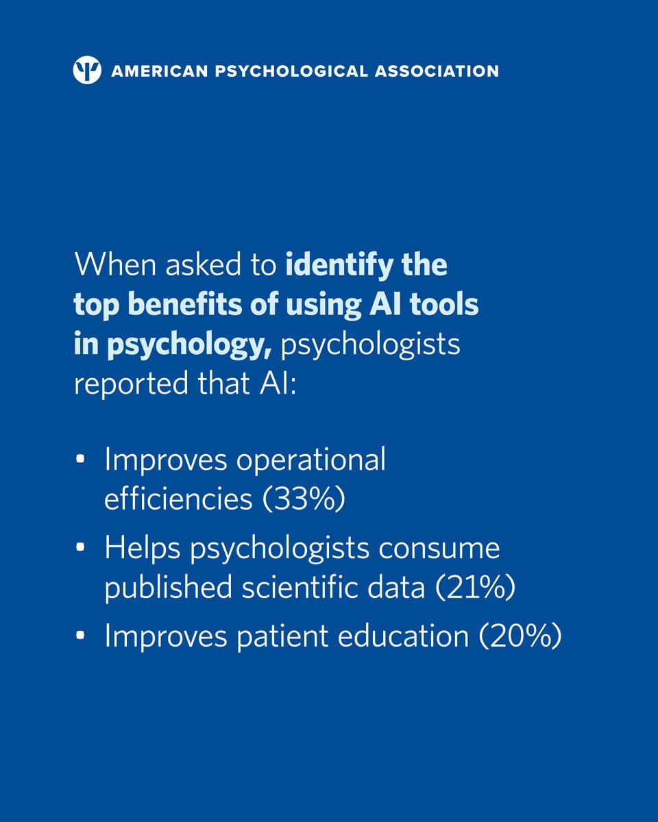 APA's tweet image. #AI is beginning to make its way into psychology practice—but not without caution. Psychologists report benefits like operational efficiency along with major concerns about ethics, privacy, and bias. 

Learn more: at.apa.org/2eedad