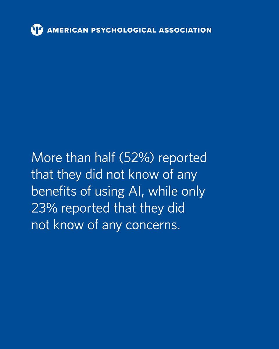 APA's tweet image. #AI is beginning to make its way into psychology practice—but not without caution. Psychologists report benefits like operational efficiency along with major concerns about ethics, privacy, and bias. 

Learn more: at.apa.org/2eedad