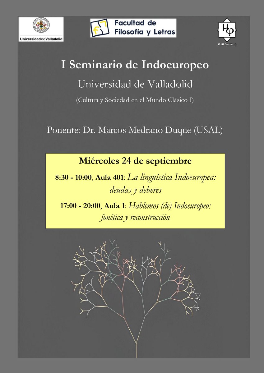 📡En menos de una semana nos vemos en la Universidad de Valladolid (<a href="/UVa_es/">Gabinete de Comunicación Universidad de Valladolid</a>; <a href="/clasicas_uva/">Filología Clásica UVa</a>) para una —intensa— presentación del indoeuropeo y de sus artes arcanas. 
Abierto a todo el público pinciano, en especial a las letras, afines y afinadas 📡