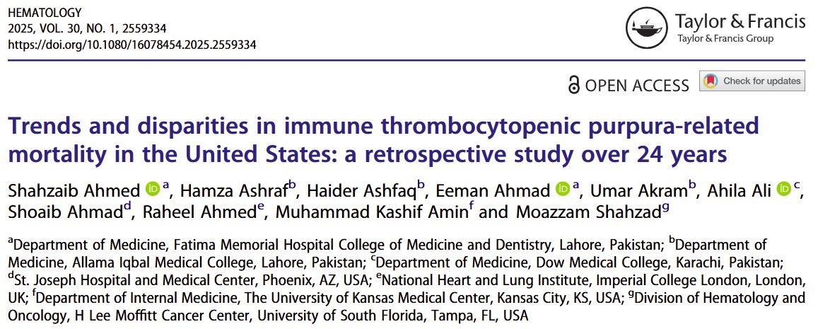 mshahzadmd's tweet image. Our latest publication in #Hematology aimed at exploring the #disparities in #ITP-related #mortality in the #USA, highlighting inequities that warrant systemic change.  #globalhealth #HealthEquity @WeAreTandF tandfonline.com/doi/full/10.10…