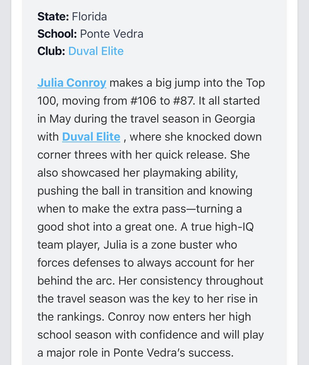 Thanks to <a href="/PGHFlorida/">Prep Girls Hoops Florida</a> for recognizing two of our 2028 Guards, <a href="/JocelynHoffmann/">Jocelyn Hoffmann</a> (ranked #30 in FL) and <a href="/juliaconroy21/">JuliaConroy</a> (ranked #87 in FL) in their ‘28 rankings list! Let’s keep going <a href="/pvhsgirlsbball/">PVHS Girls Basketball</a> !! Article: prepgirlshoops.com/florida/rankin…