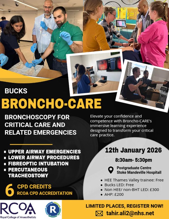 Master Bronchoscopy for Emergencies
Join #BronchoCARE for hands-on training in:
✔️ Perc trach&amp;bronch guidance
✔️ High-fidelity sim
✔️ Awake fibrotic intubation
✔️ Airway US

Led by expert faculty.
📍 Book now! #CriticalCare #AirwayManagement #POCUS #MedicalEducation