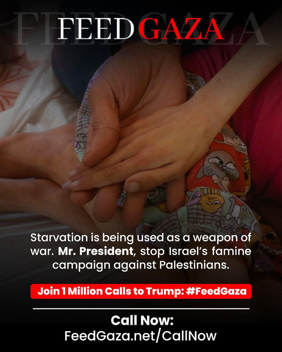 FeedGazaNet's tweet image. 🍞🚫 Starvation is being used as a weapon of war in Gaza.

@realdonaldtrump @POTUS — Mr. President, stop Israel’s famine campaign against Palestinians.

📞 Take action: Call the President now 👉 feedgaza.net/callnow/