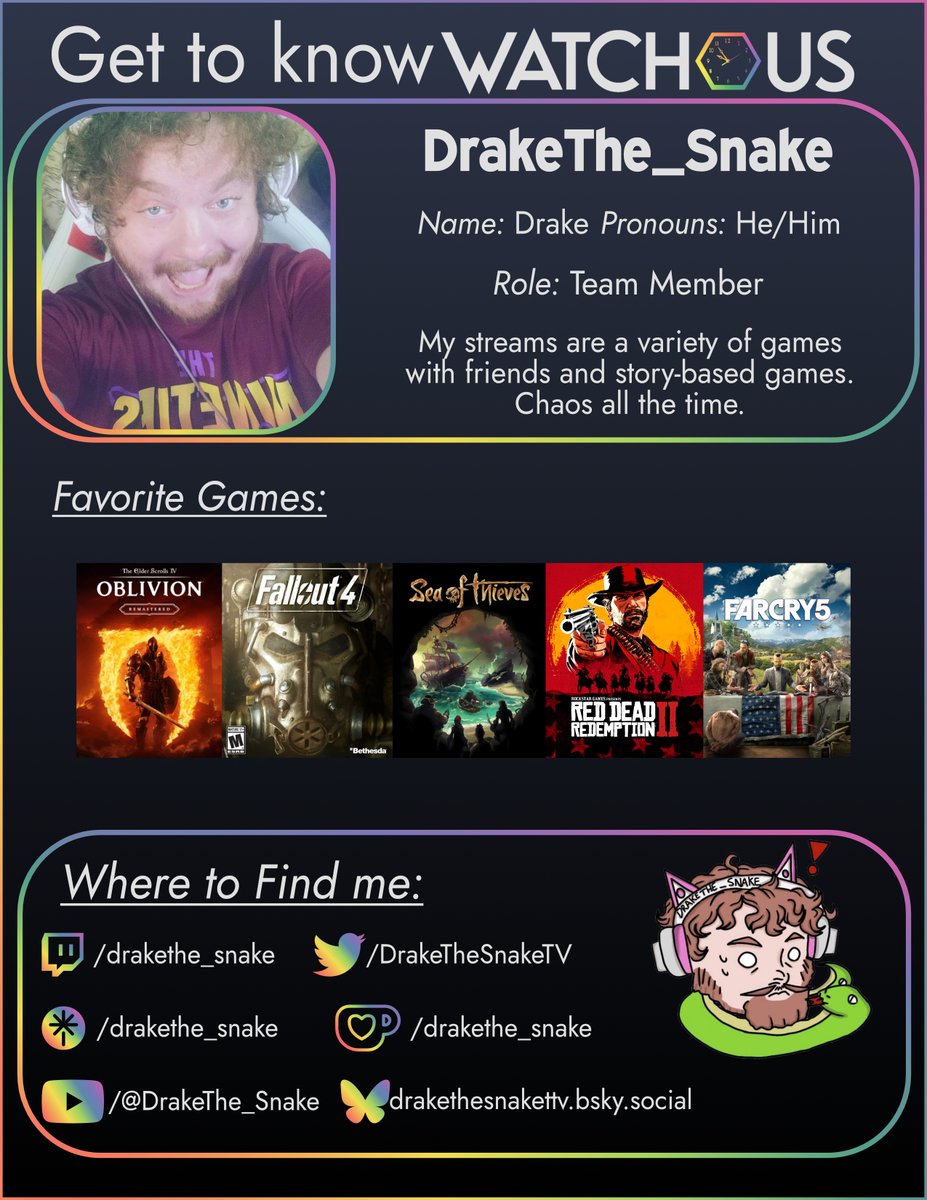 ⚡ Chaos is the game plan ⚡

Meet <a href="/DrakeTheSnakeTV/">DrakeThe_Snake</a>  (he/him), a WATCHUS Team Member serving up variety streams full of story-driven adventures, laughs, and a bit of mayhem. 🐍🎮

🔗 twitch.tv/drakethe_snake