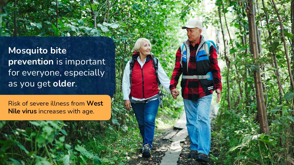 Risk of severe illness &amp; complications from West Nile virus increase with age. Protect yourself: use EPA-registered insect repellent and take other steps to prevent mosquito bites. Learn more: Preventing West Nile | West Nile Virus | CDC #FightTheBiteIllinois #FightTheBiteFriday