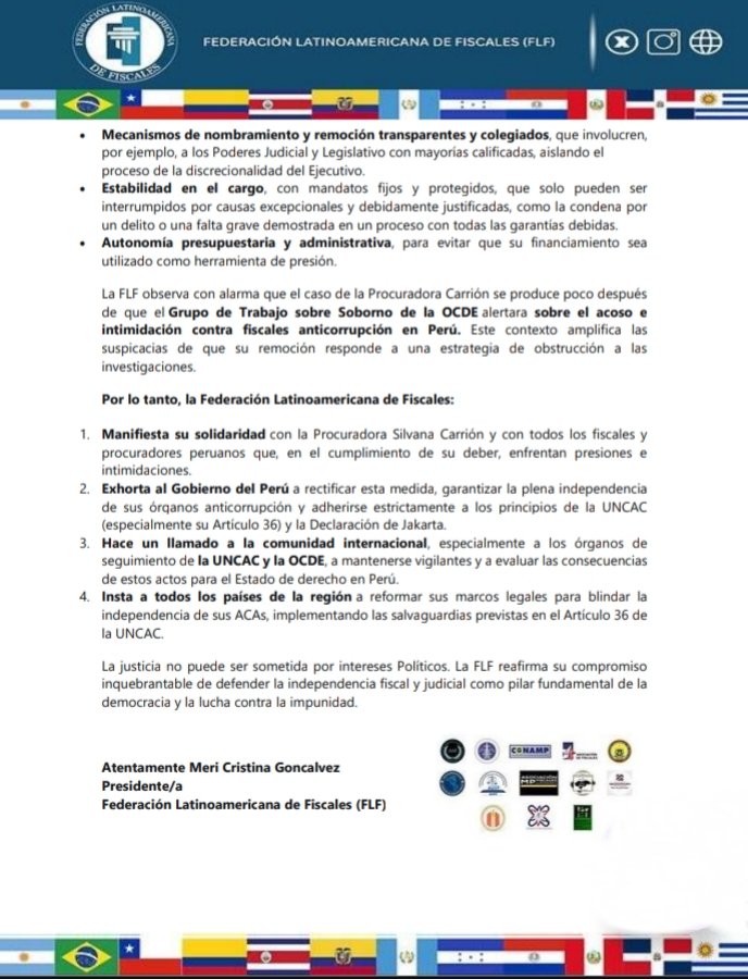 📢La Federación Latinoamericana de Fiscales expresa su profunda preocupación por la destitución de procuradora del caso Lava Jato y exhorta al gobierno 🇵🇪 a rectificar. Pide a ONU y <a href="/ocdeenespanol/">OCDE ➡️ Mejores Políticas para una Vida Mejor</a> evaluar las consecuencias para el Estado de derecho y lucha anticorrupción