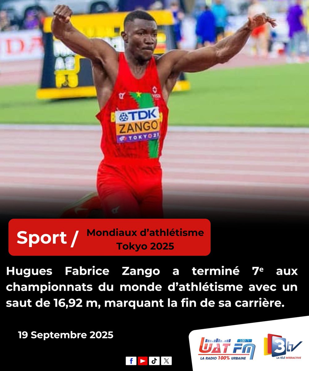 3TVBurkina's tweet image. 🔴Athlétisme – Triple saut : Hugues Fabrice Zango prend sa retraite sur un dernier bond

Hugues Fabrice Zango a terminé 7ᵉ, ce 19 septembre 2025, aux championnats du monde d’athlétisme, avec un saut de 16,92 m, marquant la fin de sa carrière. 
#3tv #sport