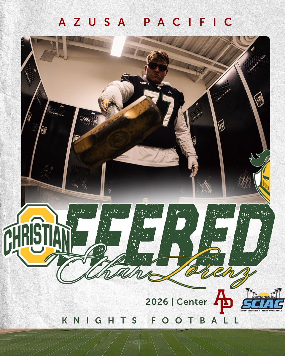 Congratulations to <a href="/elorenz_77/">Ethan Lorenz</a> on his 3rd college offer! A high character young man who walks with God on his side. May the Lord continue to bless you! #Knightfootball <a href="/OCHSAthletics/">OCHS Athletics</a> <a href="/CoachLonyae/">Lonyae Miller</a> <a href="/APUFootball/">Azusa Pacific Football</a>