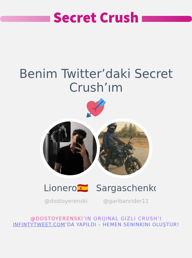 Benim Twitter’daki Secret Crush’ım <a href="/garibanrider11/">Sargaschenko 🇸🇪</a>

➡️ infintytweet.me/secret-crush?l…