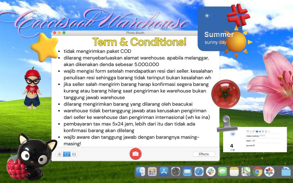 欢迎！★ coccisoob service! 
FIRSTHAND CHINA WAREHOUSE — OPEN⏰

📦 sea/air cargo 
💿 foto arrived
☎ FREE FEE WH ! khusus sampai oktober ! 🔖 rate rendah dan flat
⭕ co pdd, taobao, xianyu, 1688

🌐 carrd : info-coccisoob.carrd.co

message us for any inquiries ✉️!