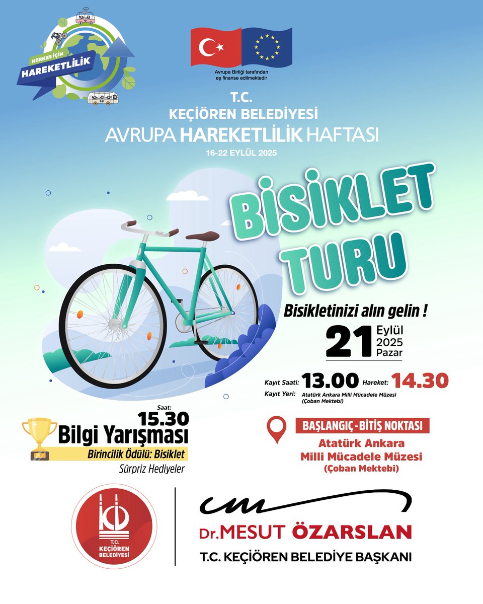 Haydi Keçiören! Avrupa Hareketlilik Haftası’na bisiklet turu ile devam ediyoruz. 🚴‍♂

Bisikletinizi alıp gelin, hem keyifli bir gün geçirelim hem de çevre dostu ulaşımı destekleyelim. 

🗓 21 Eylül Pazar
🕑 Kayıt Saati: 13.00
📍 Kayıt Yeri: Milli Mücadele Müzesi (Çoban Mektebi)