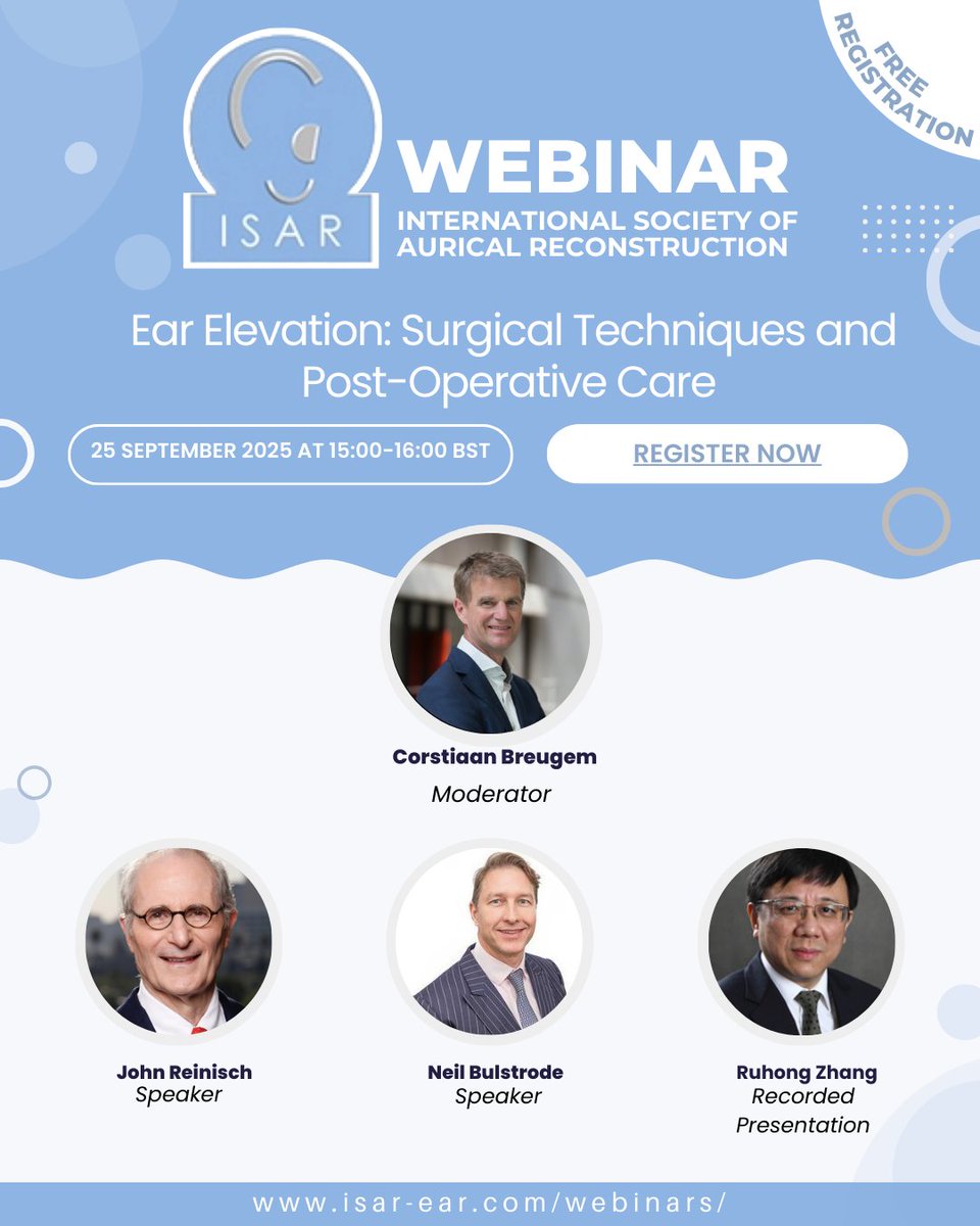 Ear Elevation: Surgical Techniques and Post-Operative Care
📅 25 September 2025
🕒 15:00–16:00 BST
💻 Online – Free to Attend
zoom.us/meeting/regist…