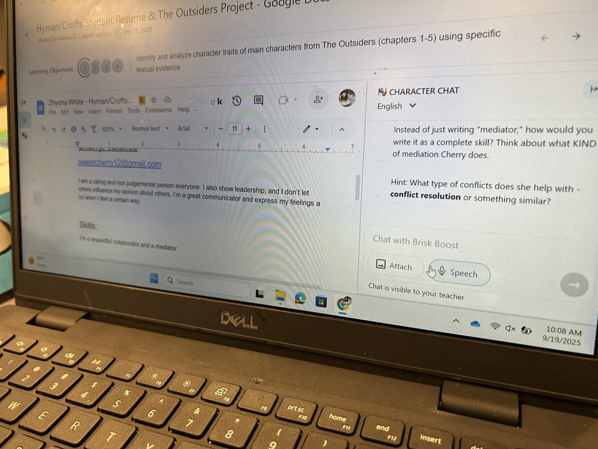 MrsHInnovates's tweet image. To practice with creating their own resumes, students utilized text evidence and the @briskteaching Character Chat feature to craft a resume for their chosen character of the novel. Student knowledge drives technology, when using teacher-created AI resources ☺️