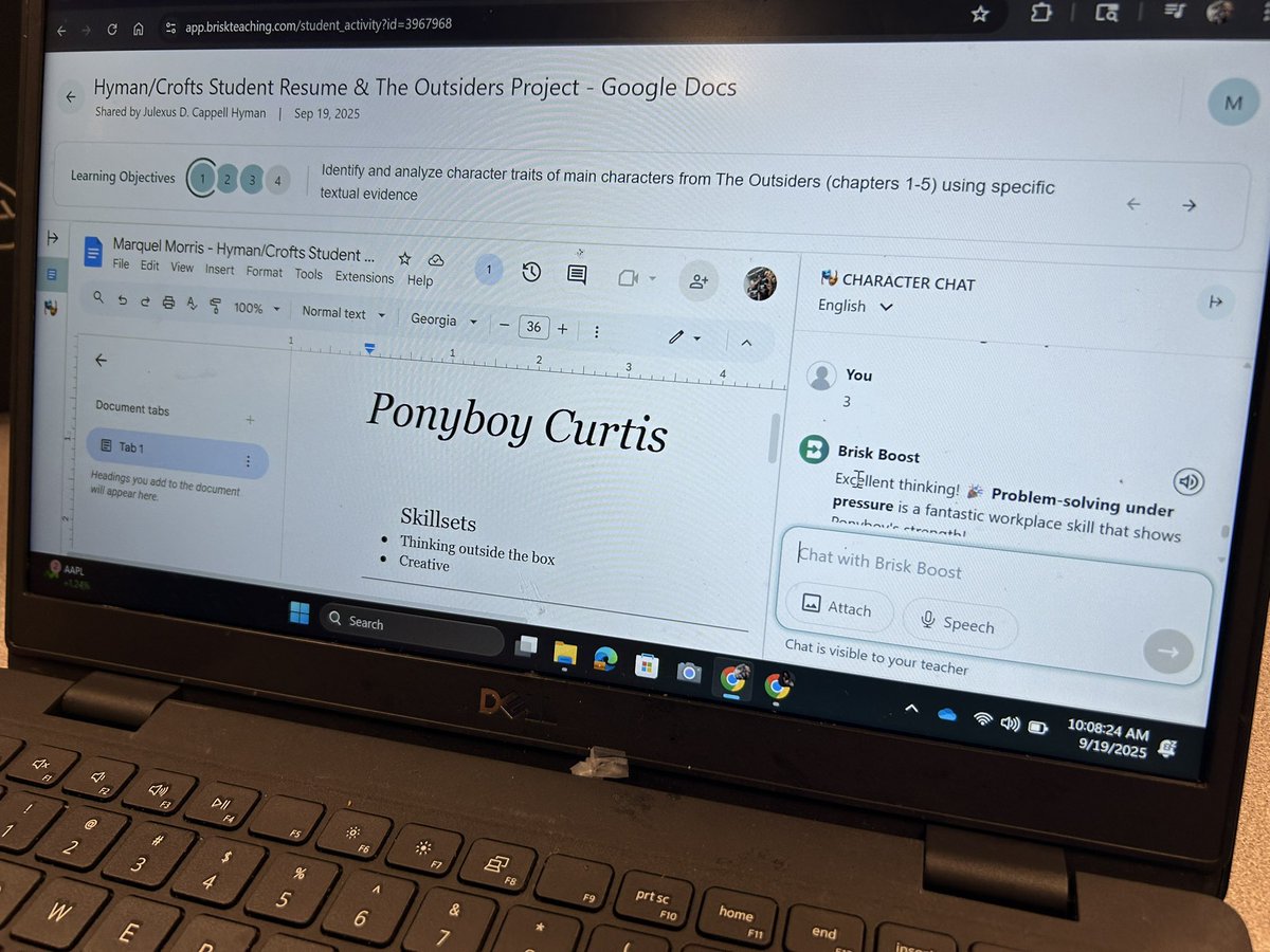 MrsHInnovates's tweet image. To practice with creating their own resumes, students utilized text evidence and the @briskteaching Character Chat feature to craft a resume for their chosen character of the novel. Student knowledge drives technology, when using teacher-created AI resources ☺️