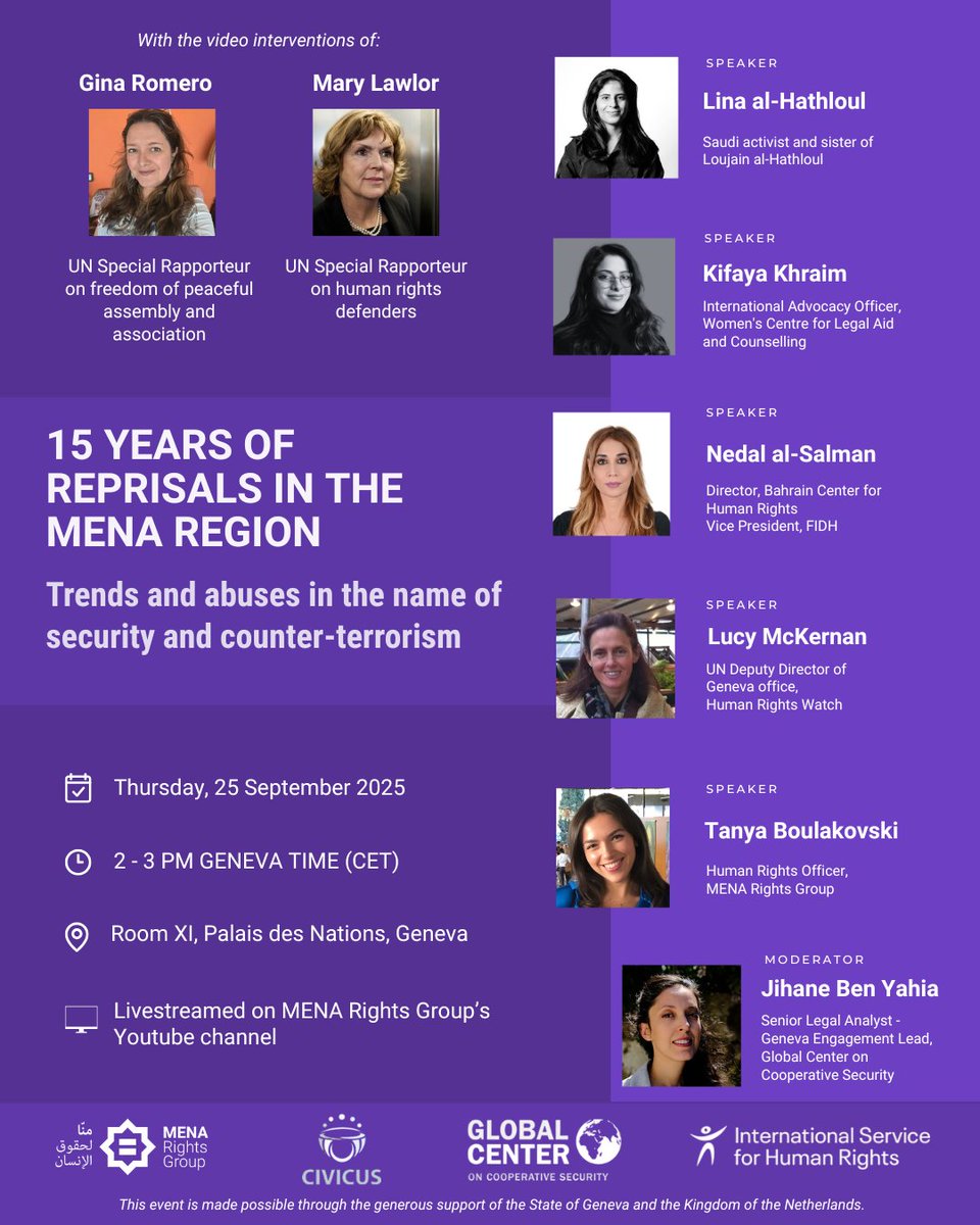 🚨 SAVE THE DATE: UN #HRC60 side-event 🚨

Join UN experts &amp; activists to discuss reprisals in the MENA and the weaponisation of terrorism &amp; security accusations to silence dissent.

🗓️Sept 25 | ⏰14h-15h CET
📍Room XI, UN Geneva
🗣️ENG-AR

📺 Join online via <a href="/MENA_Rights/">MENA Rights Group | منّا لحقوق الإنسان</a>’ YouTube