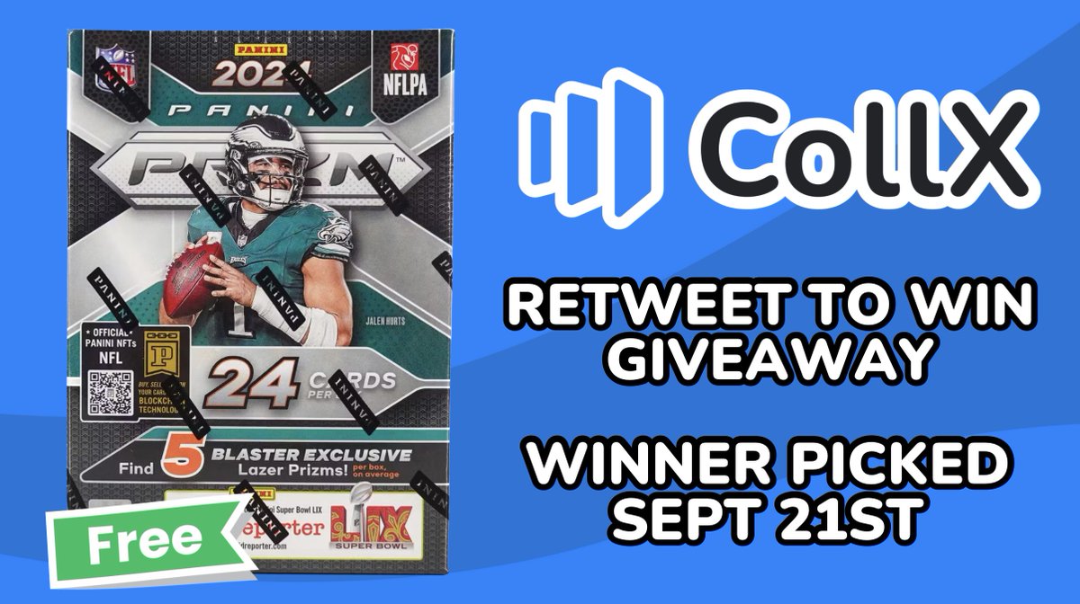 CollX: Sports Card Scanner (@collx_app) on Twitter photo Giveaway time! Win a 2024 Prizm Football Blaster Box!
Step 1: Retweet and reply to this post
Step 2: Follow <a href="/CollX_App/">CollX: Sports Card Scanner</a> here on X
Winner will be selected this Sunday, September 21st. Good luck CollX community! Giveaway time! Win a 2024 Prizm Football Blaster Box!
Step 1: Retweet and reply to this post
Step 2: Follow <a href="/CollX_App/">CollX: Sports Card Scanner</a> here on X
Winner will be selected this Sunday, September 21st. Good luck CollX community!